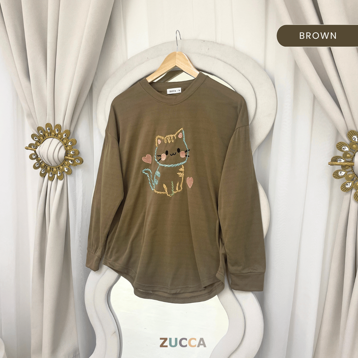 ZUCCA FIORA EMBROIDERED CAT MODEST LONG SLEEVE TOP - MA189