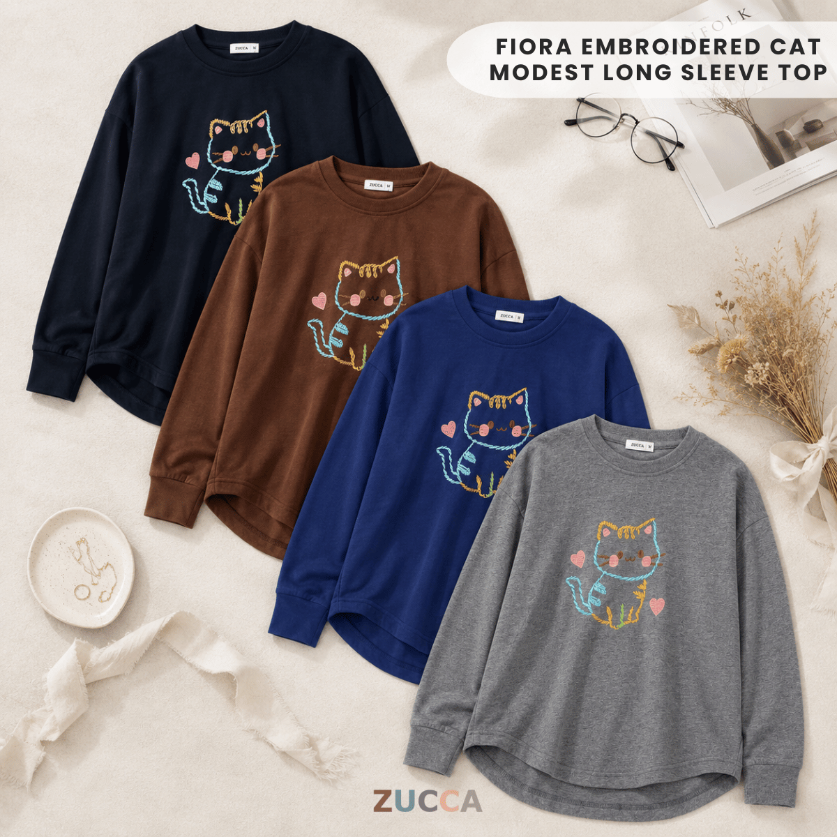 ZUCCA FIORA EMBROIDERED CAT MODEST LONG SLEEVE TOP - MA189