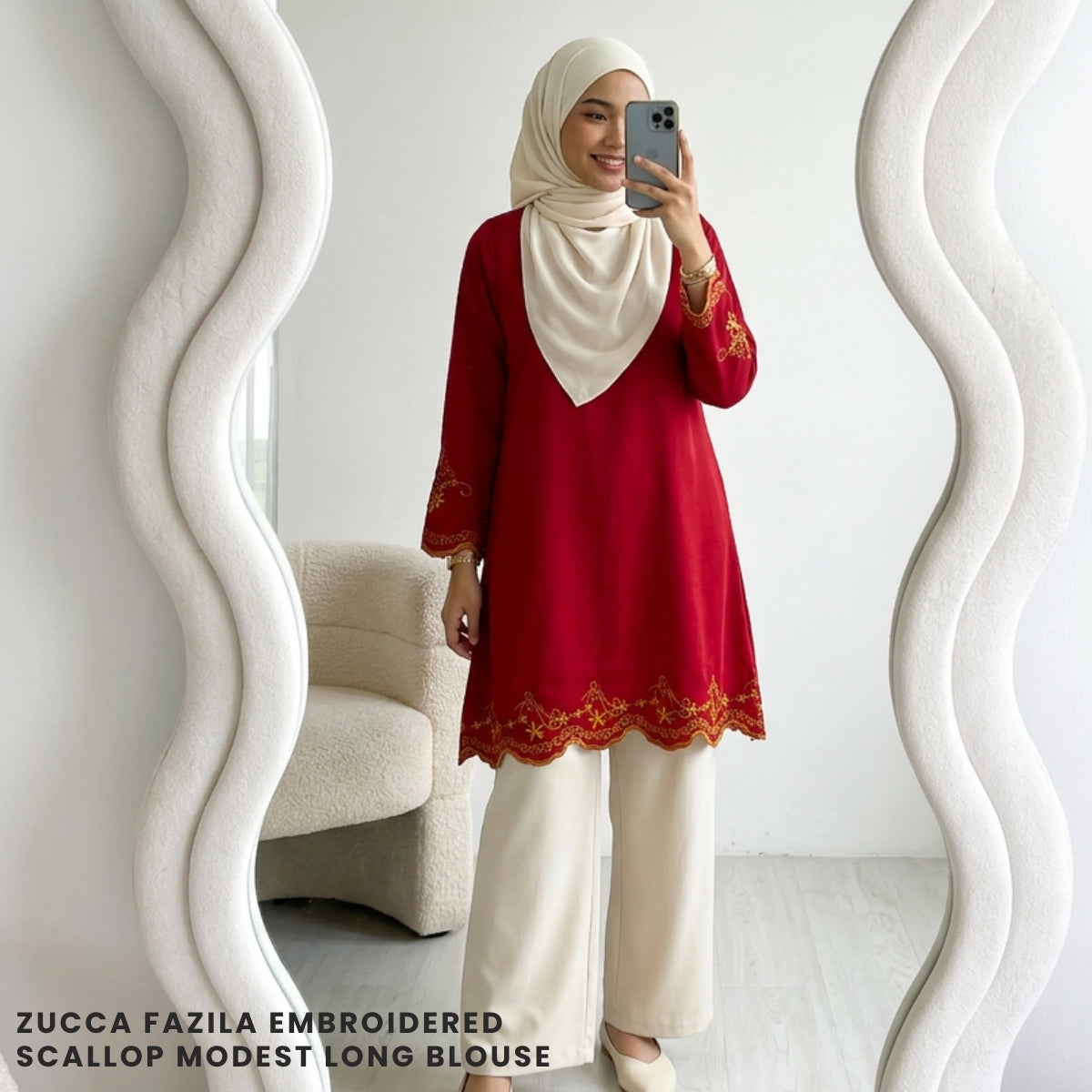 ZUCCA FAZILA EMBROIDERED SCALLOP MODEST LONG BLOUSE - GC005