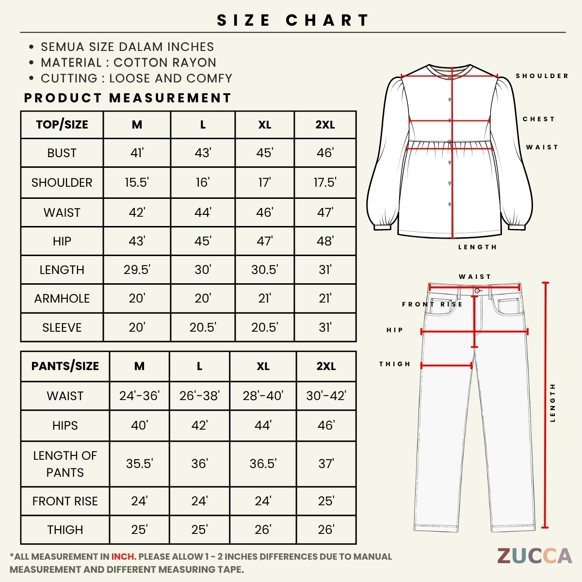 ZUCCA JAZLYN KASUAL WOMEN MODEST TOP & PANTS SET - MA213