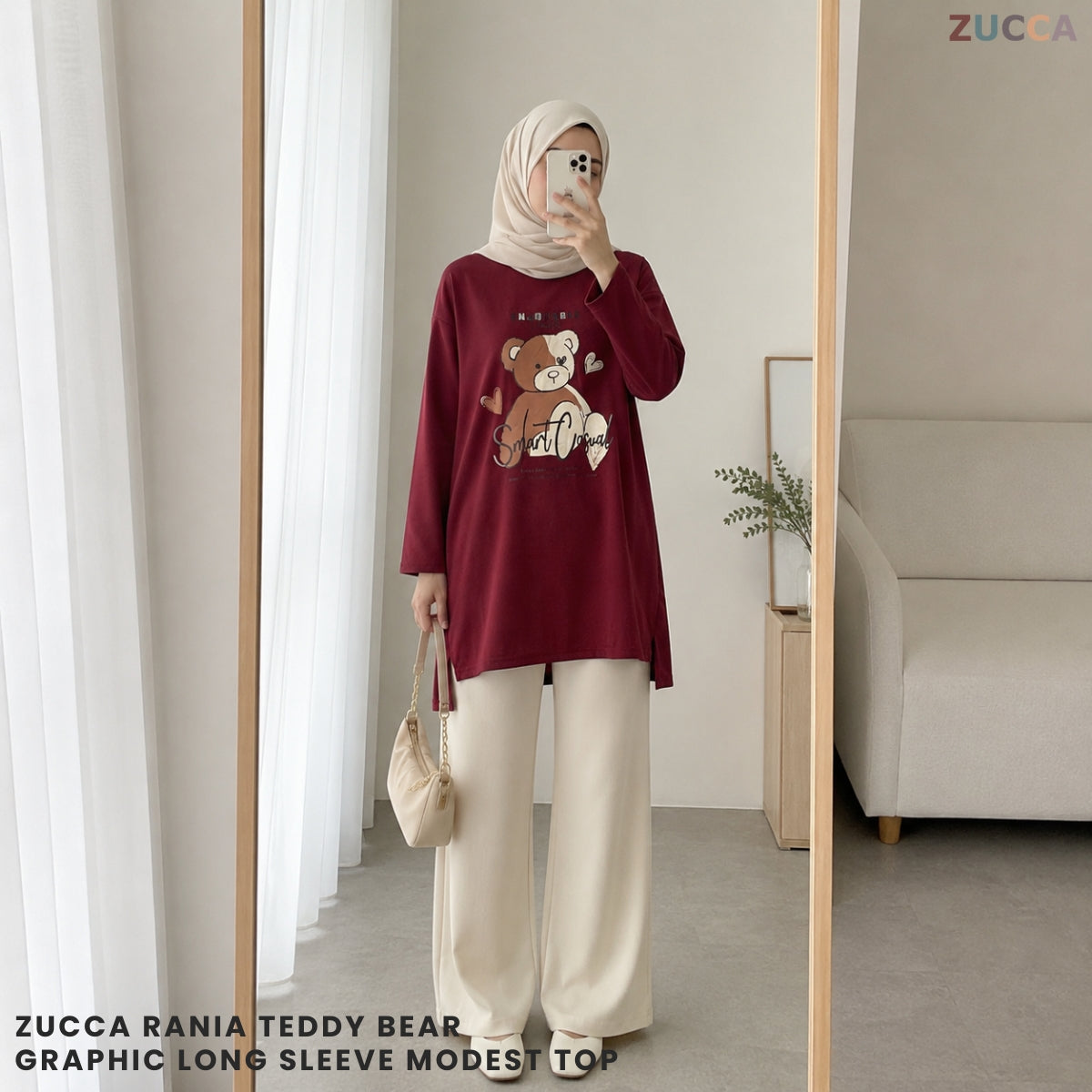 ZUCCA RANIA TEDDY BEAR GRAPHIC LONG SLEEVE MODEST TOP - MA214