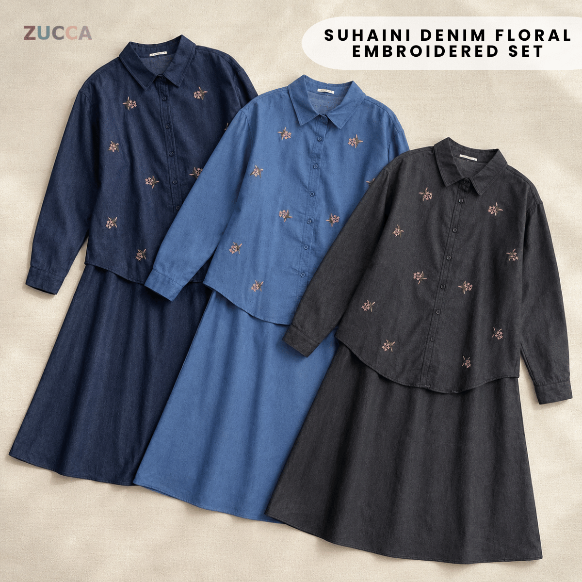 ZUCCA SUHAINI DENIM FLORAL EMBROIDERED SET - MA226