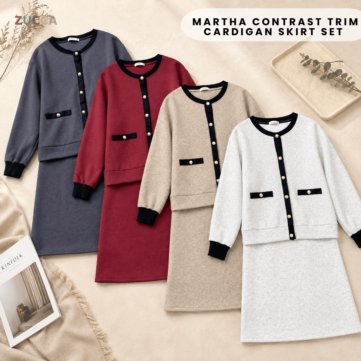 ZUCCA MARTHA CONTRAST TRIM CARDIGAN SKIRT SET-MA227