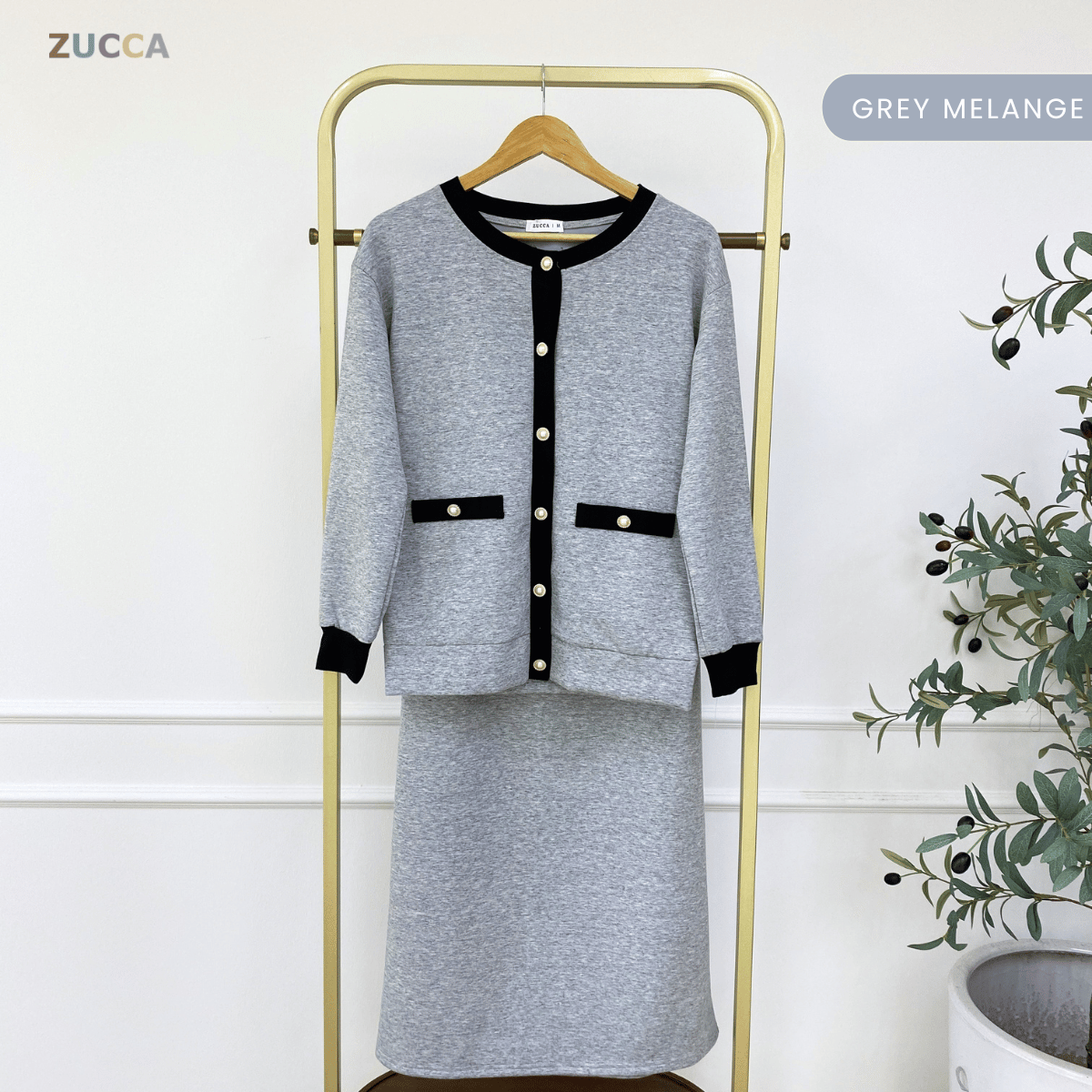 ZUCCA MARTHA CONTRAST TRIM CARDIGAN SKIRT SET-MA227