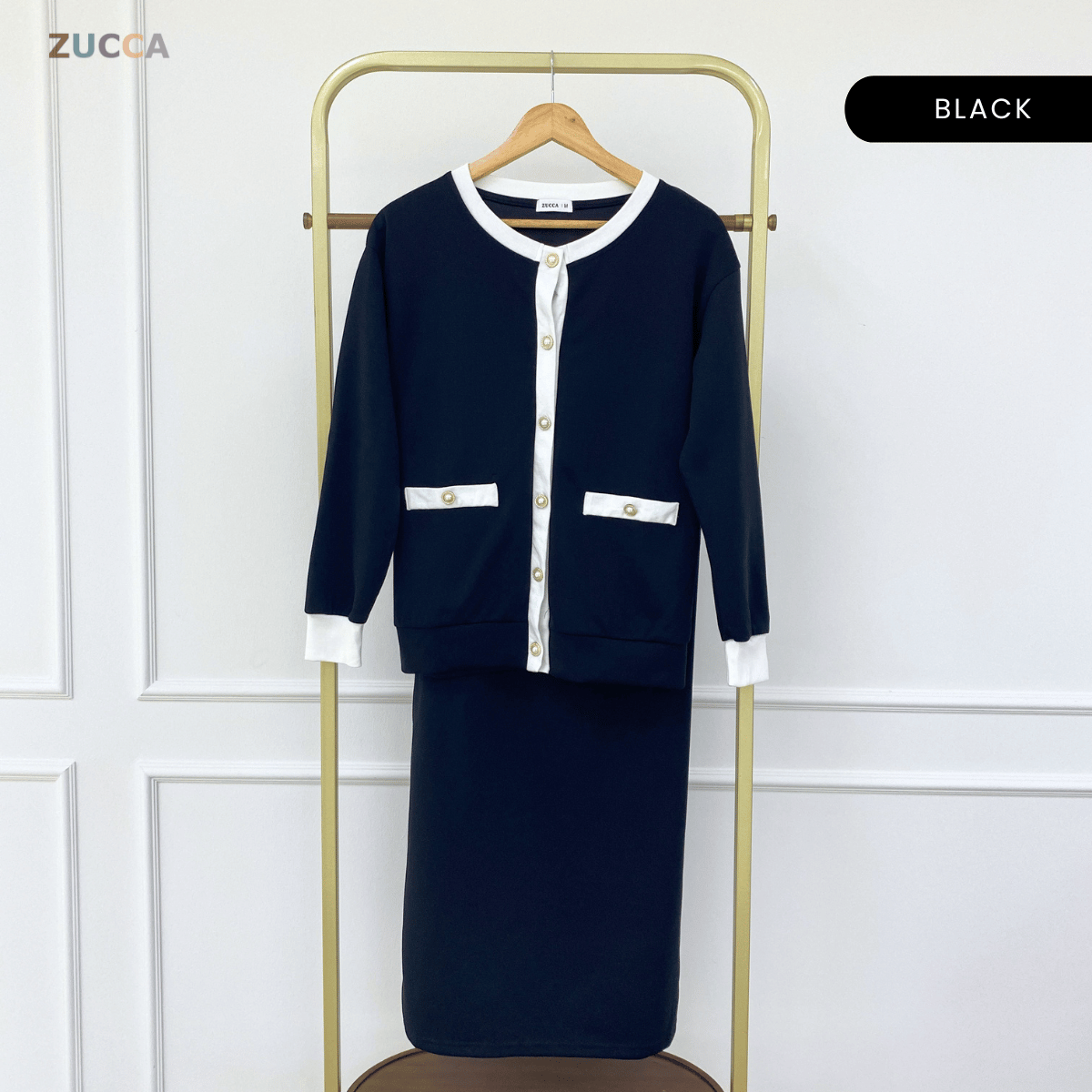 ZUCCA MARTHA CONTRAST TRIM CARDIGAN SKIRT SET-MA227