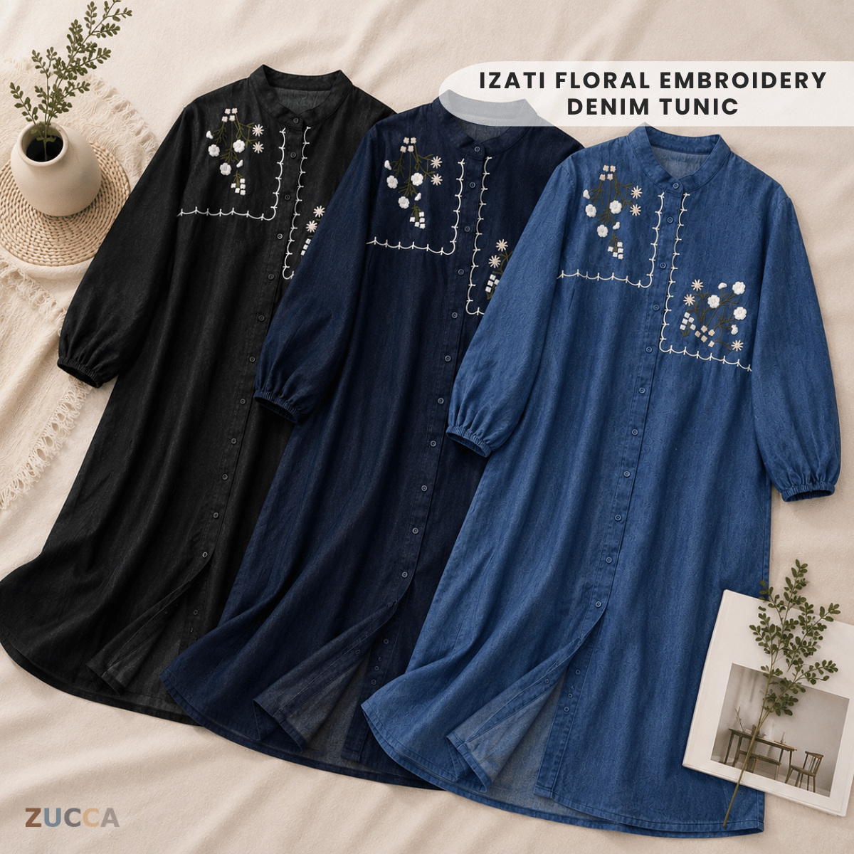 ZUCCA IZATI FLORAL EMBROIDERY DENIM TUNIC - MA238