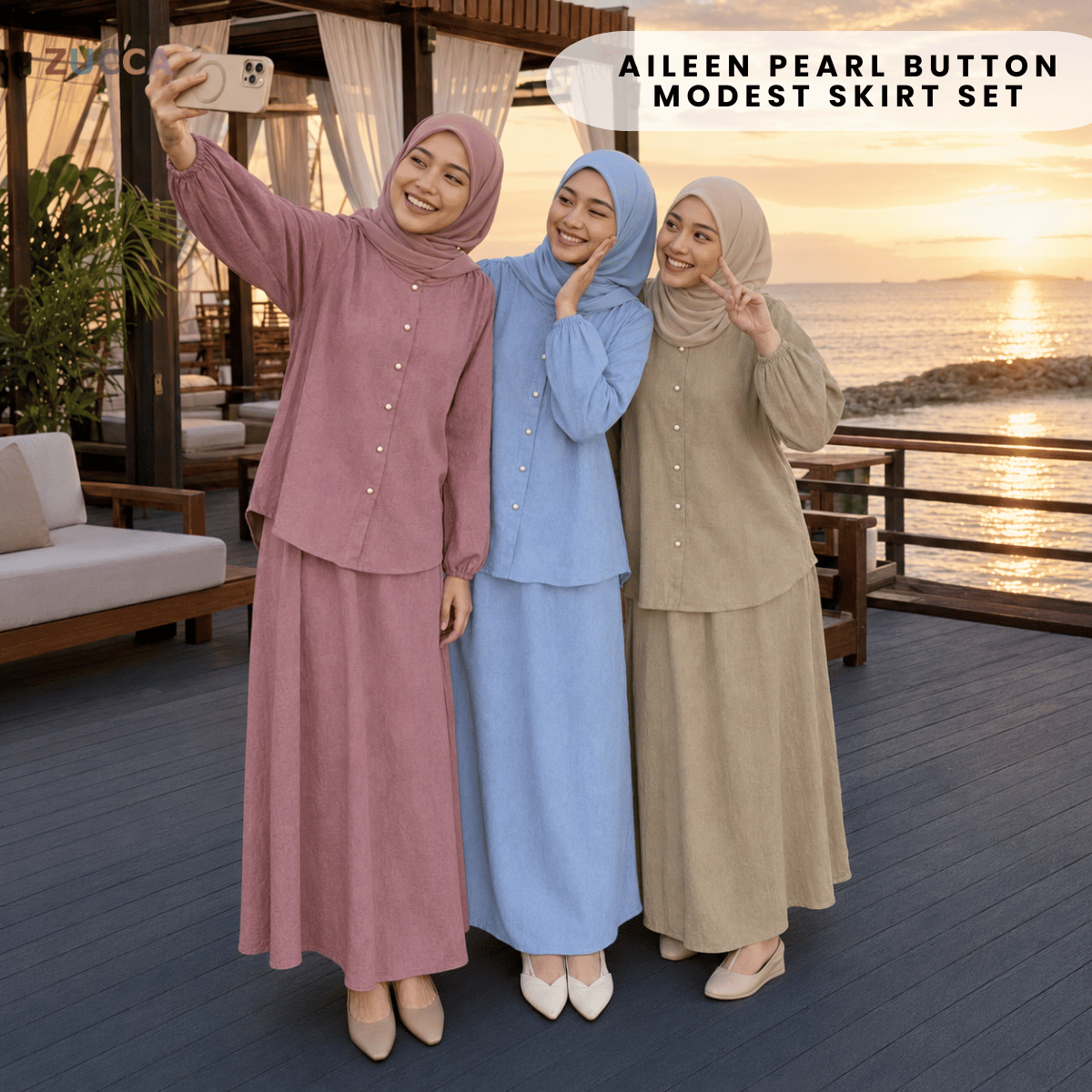 ZUCCA AILEEN PEARL BUTTON MODEST SKIRT SET – MA239