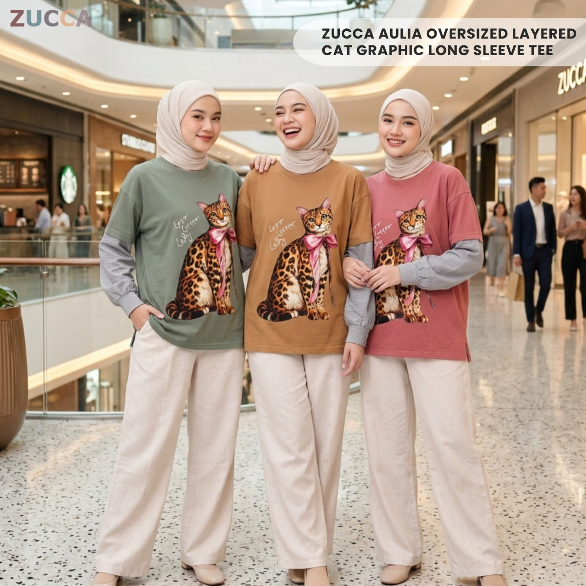 ZUCCA AULIA OVERSIZED LAYERED CAT GRAPHIC LONG SLEEVE TEE - MA255