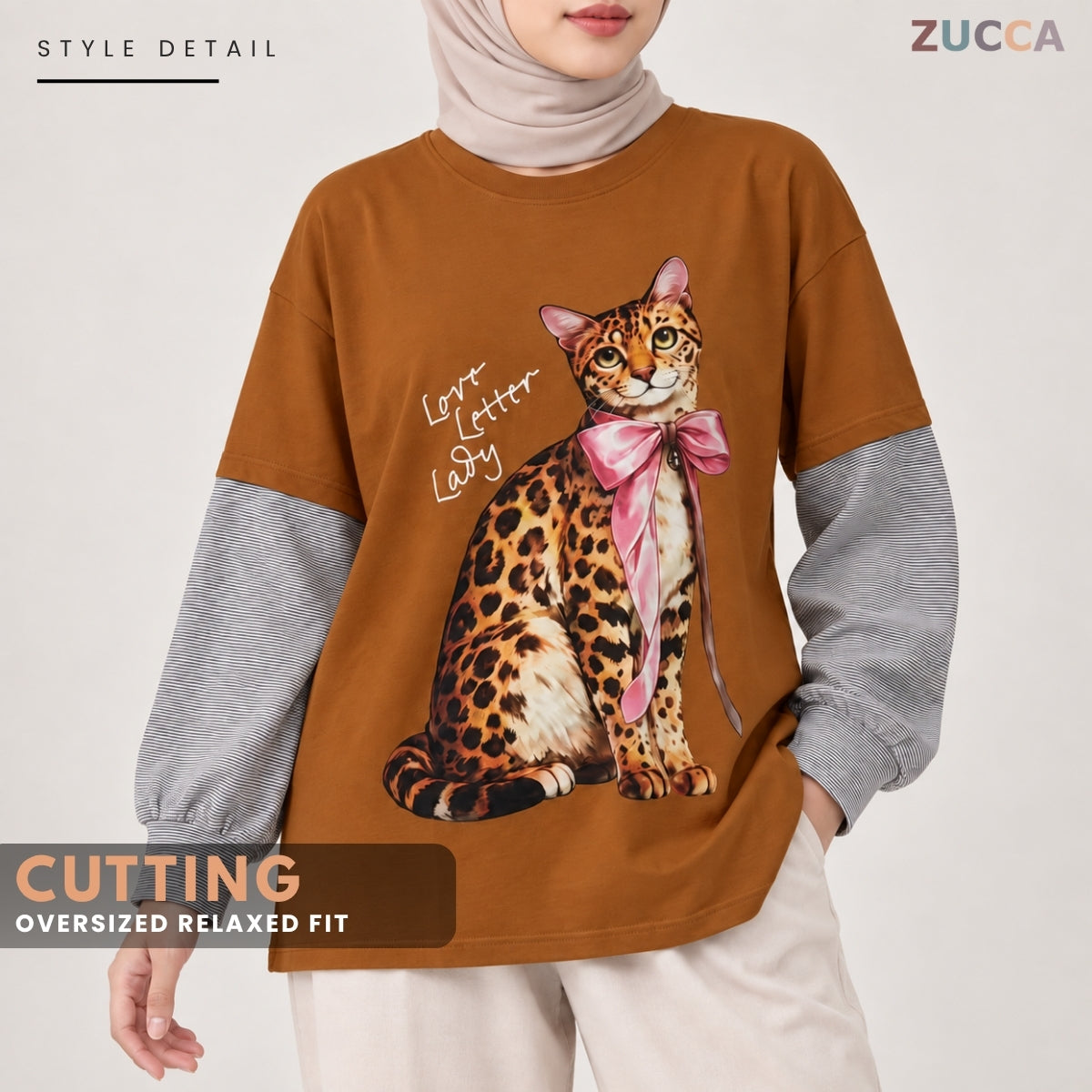 ZUCCA AULIA OVERSIZED LAYERED CAT GRAPHIC LONG SLEEVE TEE - MA255