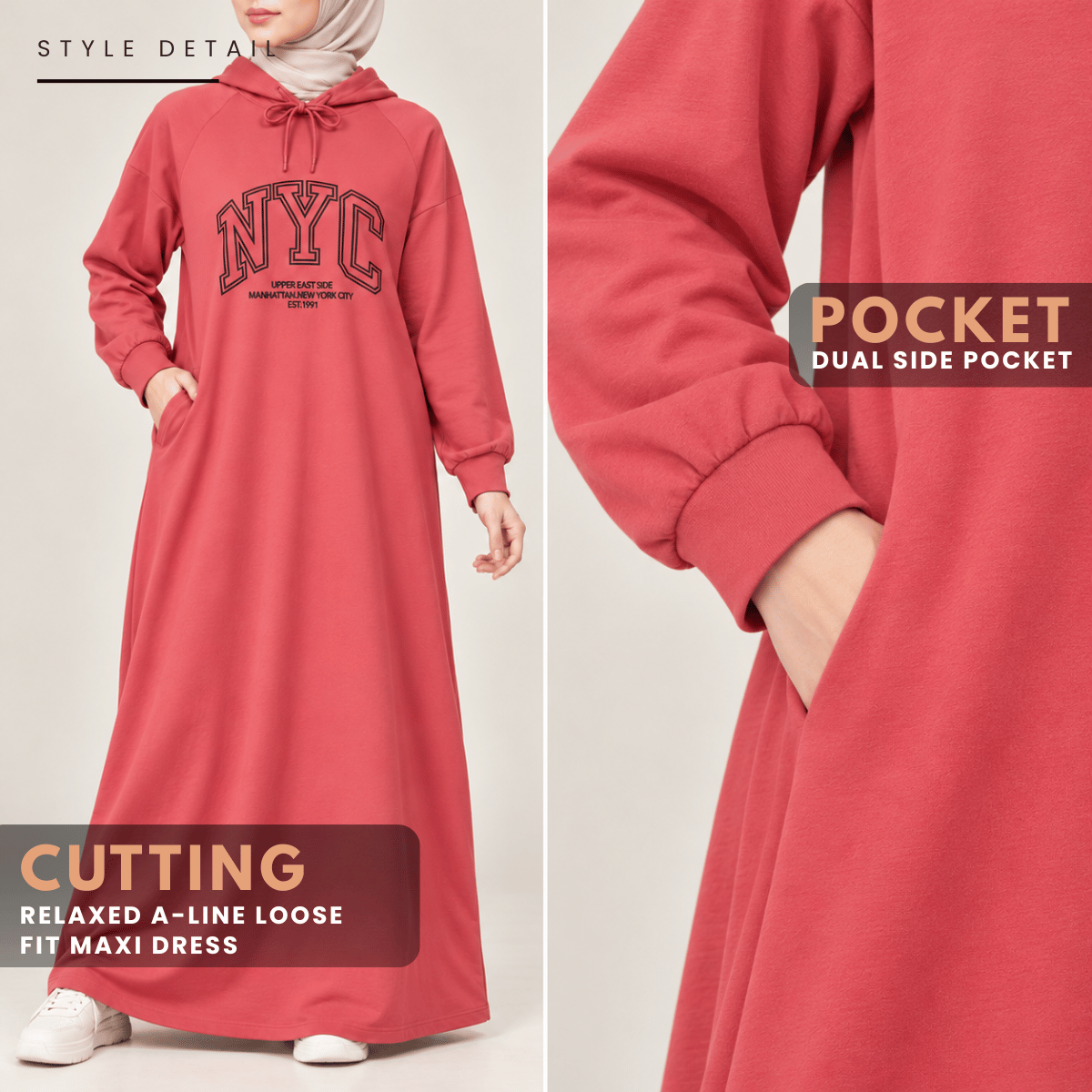 ZUCCA EXORA CASUAL SPORTY HOODIE MAXI DRESS - MA259