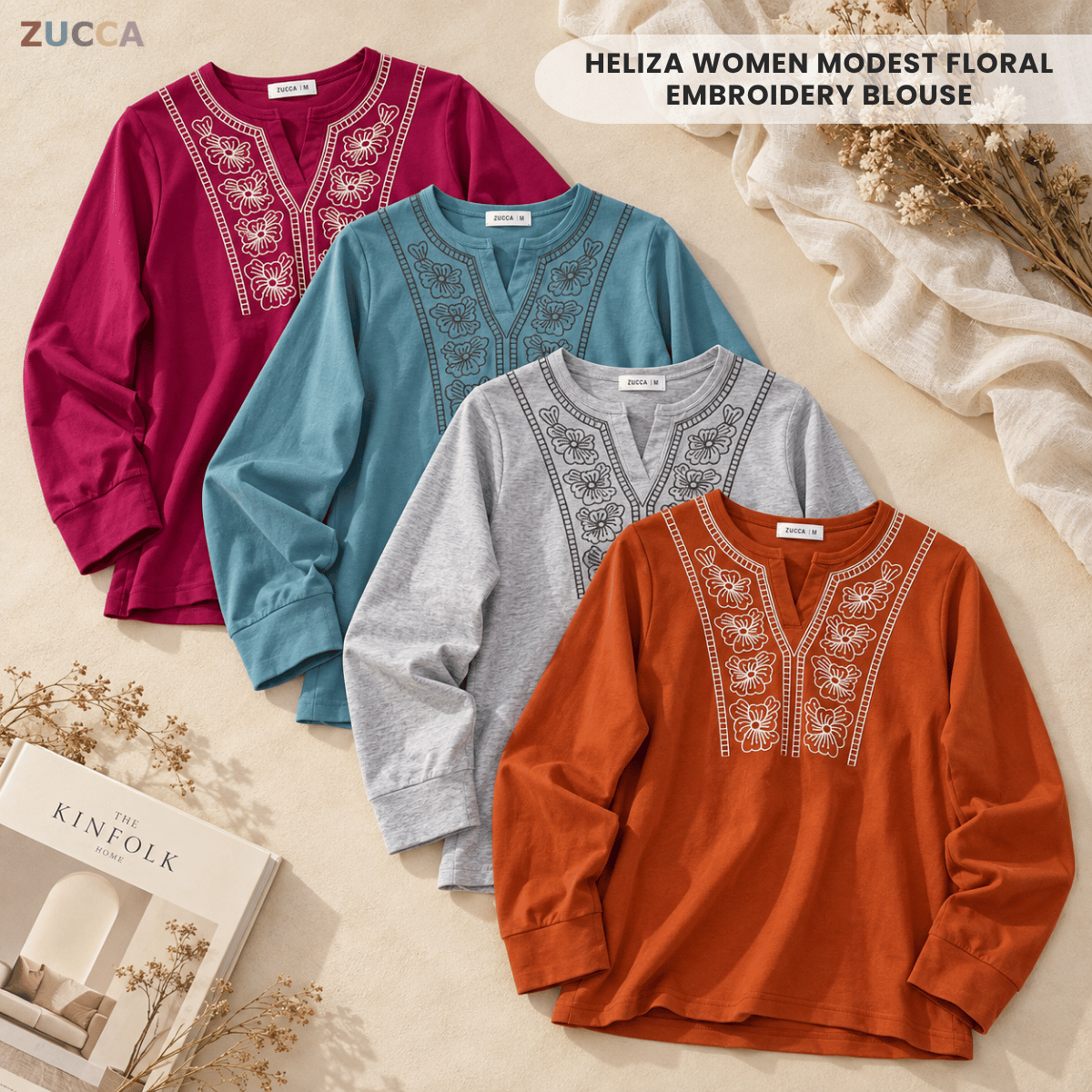 ZUCCA HELIZA WOMEN MODEST FLORAL EMBROIDERY BLOUSE - MA273