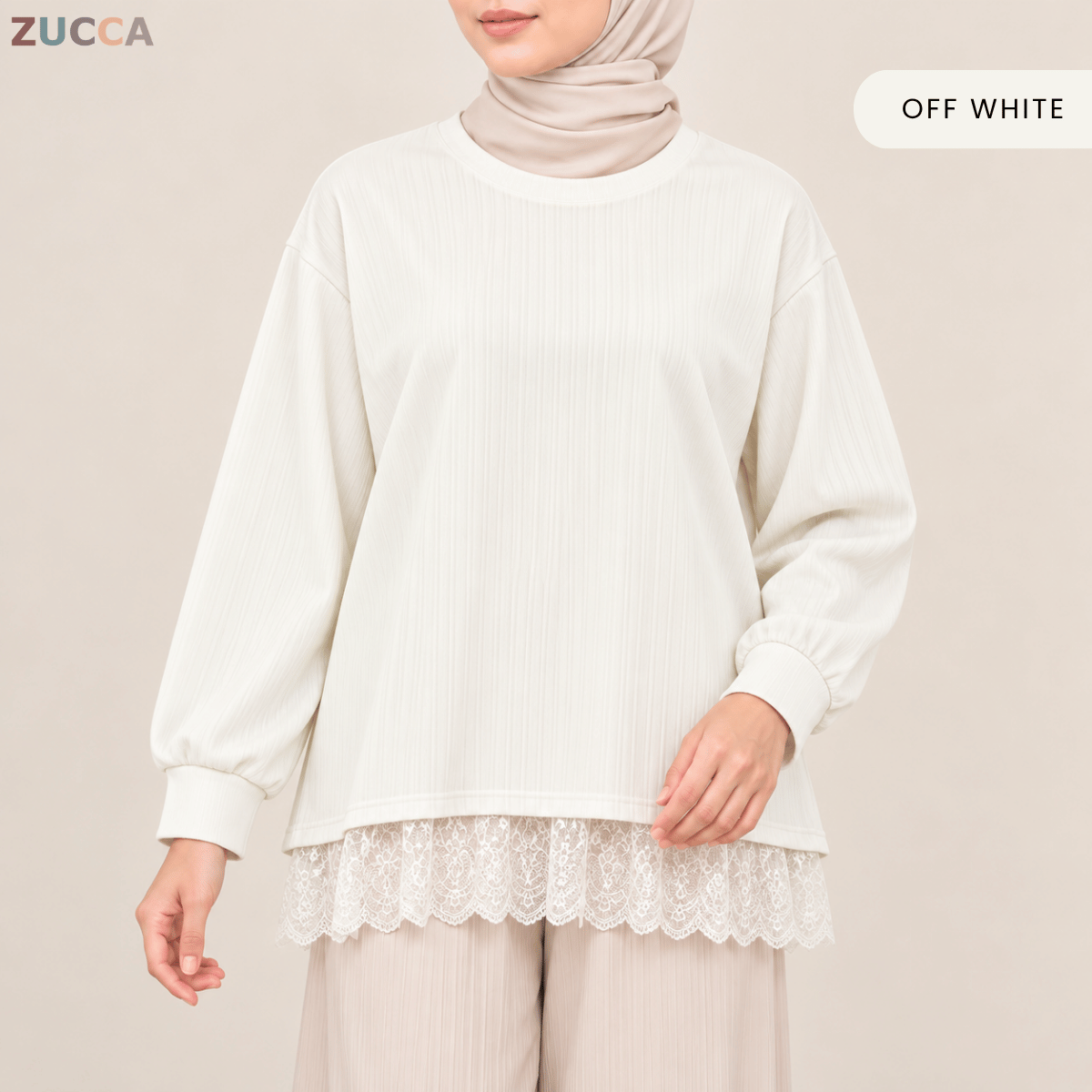 ZUCCA MEDINA RIBBED KNIT LACE HEM LONG SLEEVE -MA283