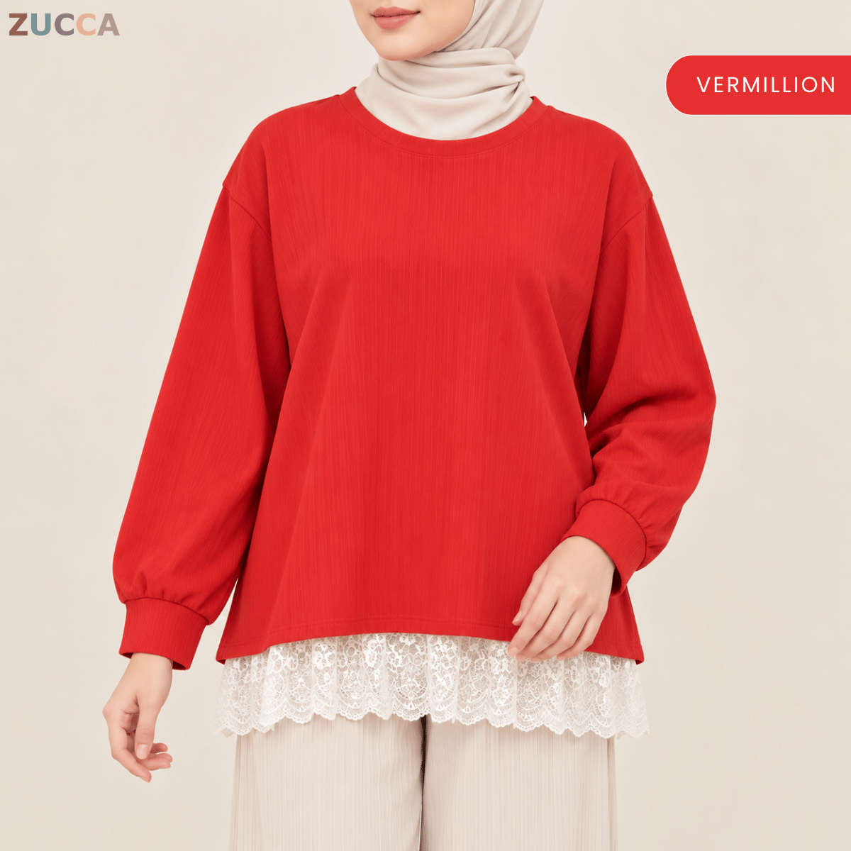 ZUCCA MEDINA RIBBED KNIT LACE HEM LONG SLEEVE -MA283