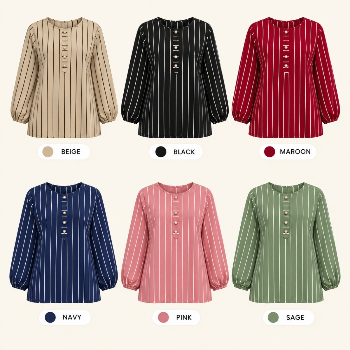 ZUCCA AINAA STRIPED BUTTON DETAIL LONG SLEEVE BLOUSE - MA286