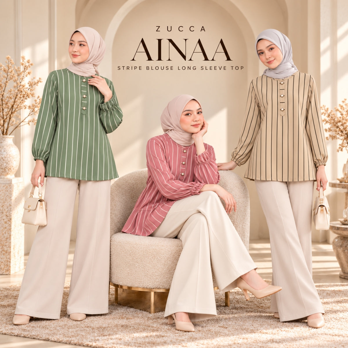 ZUCCA AINAA STRIPED BUTTON DETAIL LONG SLEEVE BLOUSE - MA286