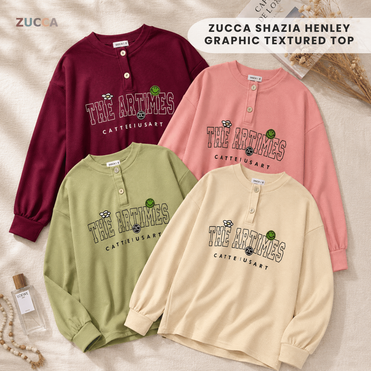 ZUCCA SHAZIA HENLEY GRAPHIC TEXTURED TOP-MA228(GN300)