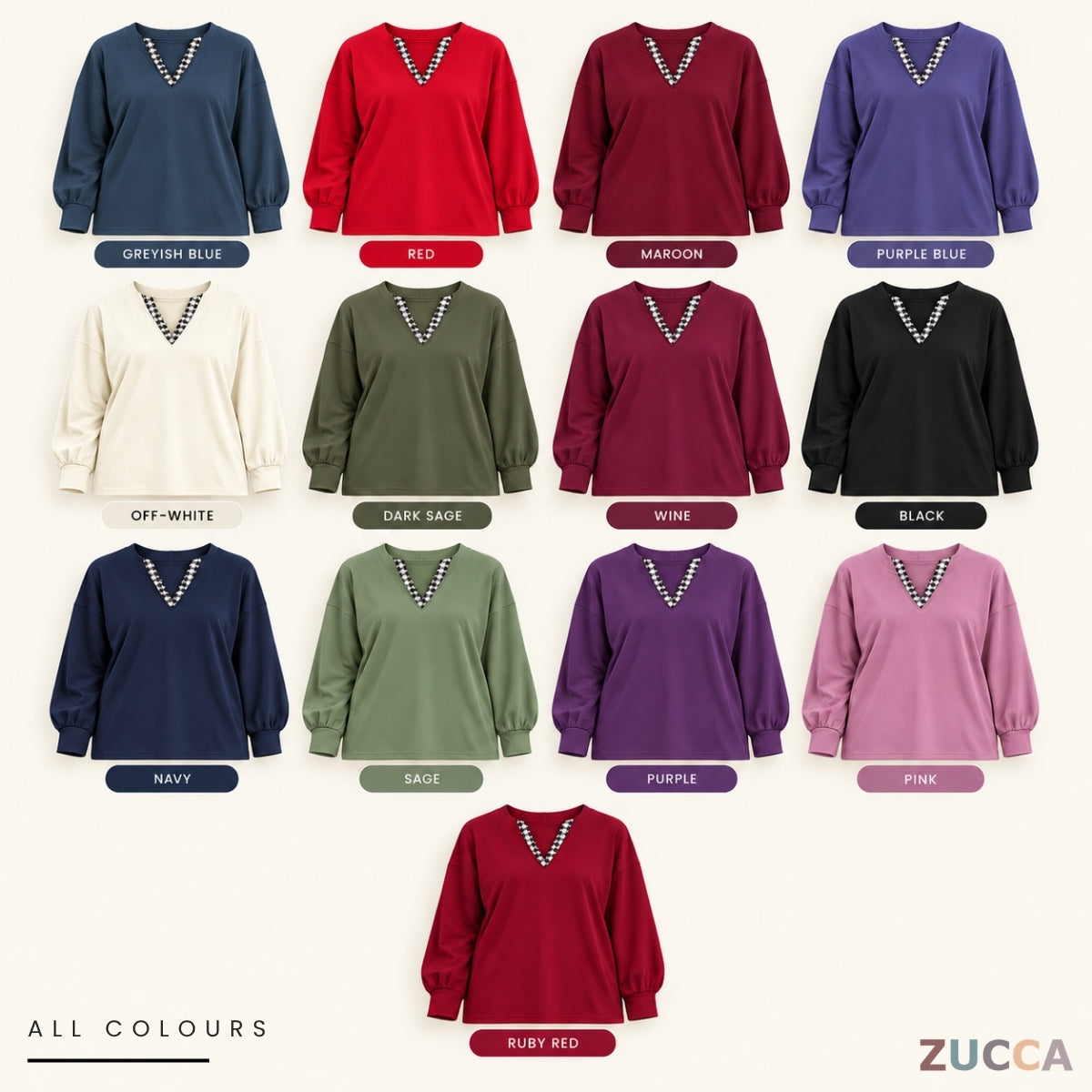 ZUCCA AMORA CASUAL CHECKERED V-NECK LONG SLEEVE BLOUSE - MA289