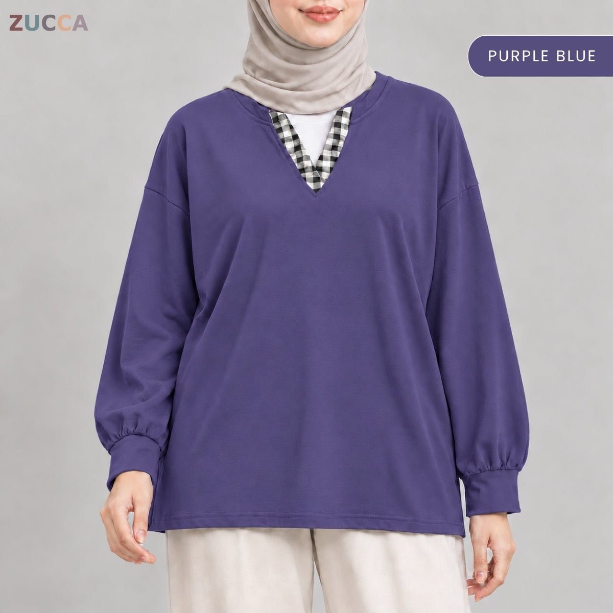 ZUCCA AMORA CASUAL CHECKERED V-NECK LONG SLEEVE BLOUSE - MA289