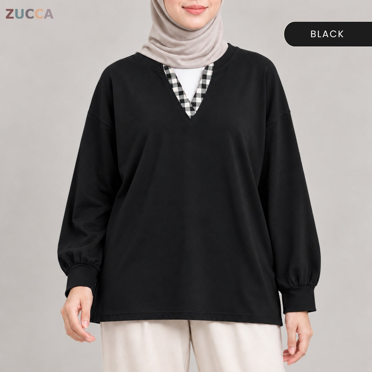 ZUCCA AMORA CASUAL CHECKERED V-NECK LONG SLEEVE BLOUSE - MA289