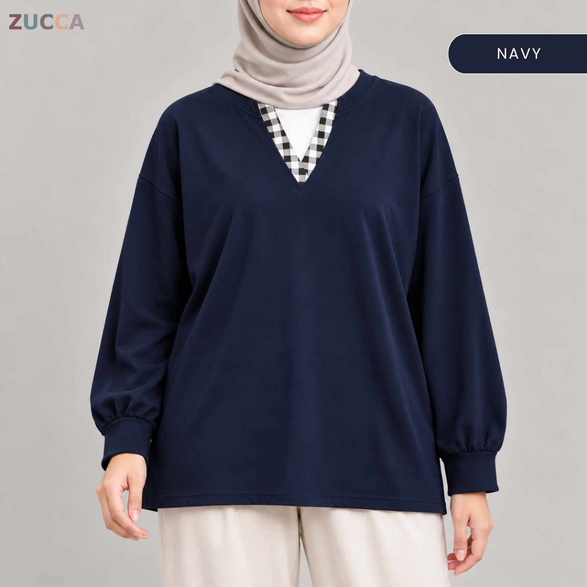 ZUCCA AMORA CASUAL CHECKERED V-NECK LONG SLEEVE BLOUSE - MA289