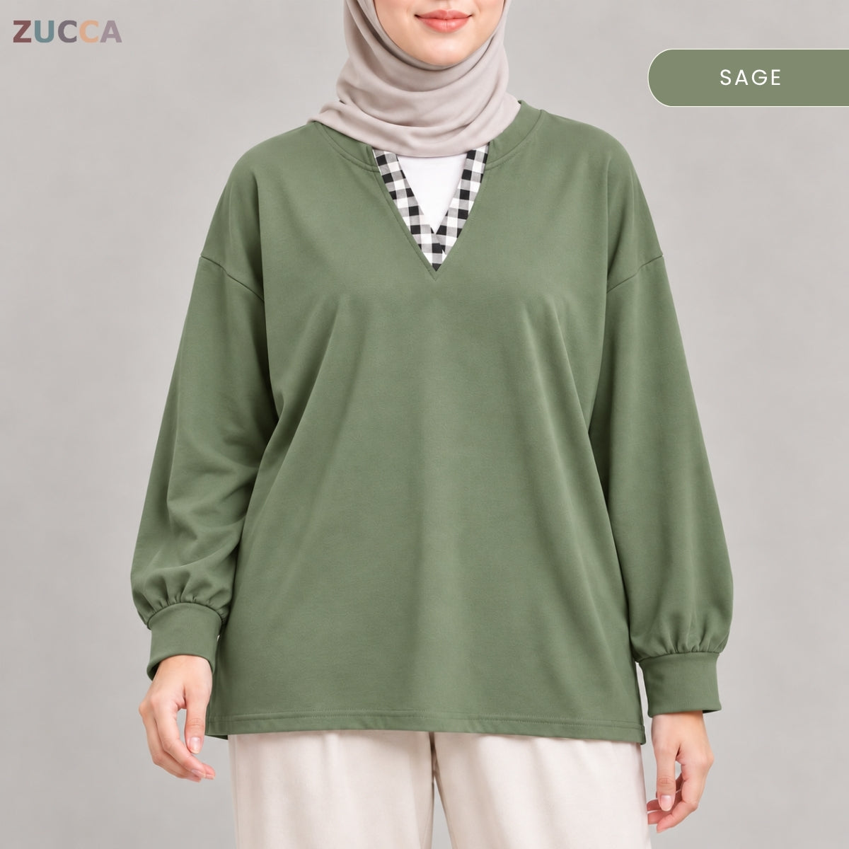 ZUCCA AMORA CASUAL CHECKERED V-NECK LONG SLEEVE BLOUSE - MA289