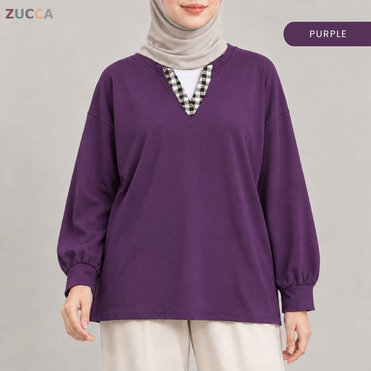 ZUCCA AMORA CASUAL CHECKERED V-NECK LONG SLEEVE BLOUSE - MA289