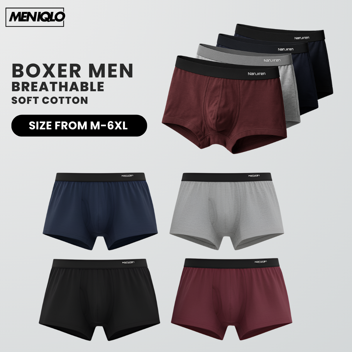 MENIQLO BOXER MEN [PLAIN  A - K] BREATHABLE SOFT COTTON SAIZ M - 6XL- MAU001
