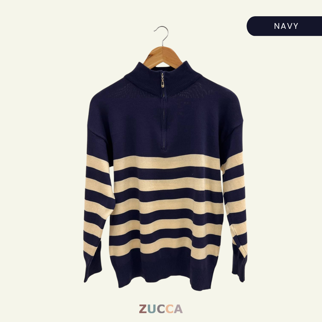 Ivana Striped High Neck Sweatshirt Half-Zipper - DM115