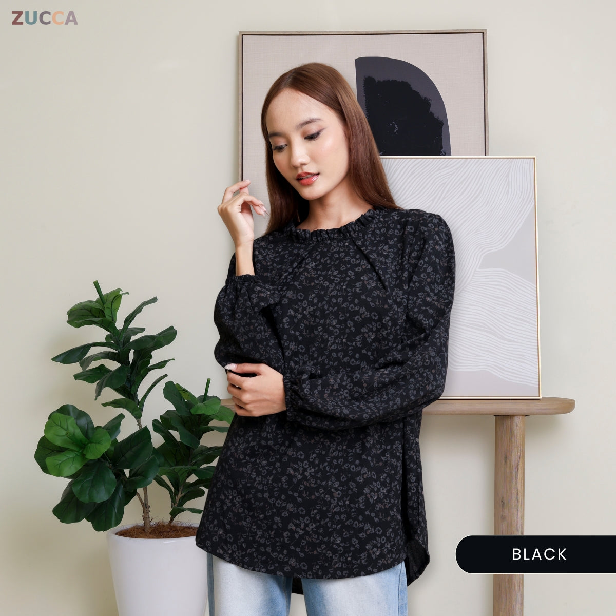 ZUCCA YULINA BLOUS WANITA BERCORAK FLORAL BERSERTA LEHER BERTINGKAT – DM094