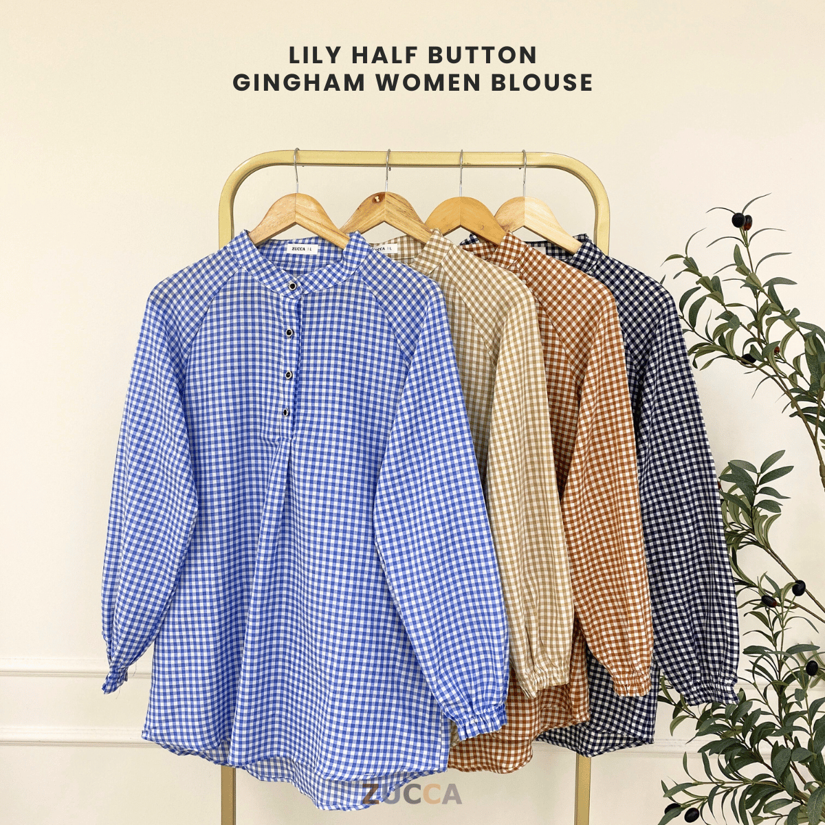 Lily Half Button Gingham Women Blouse - DM149