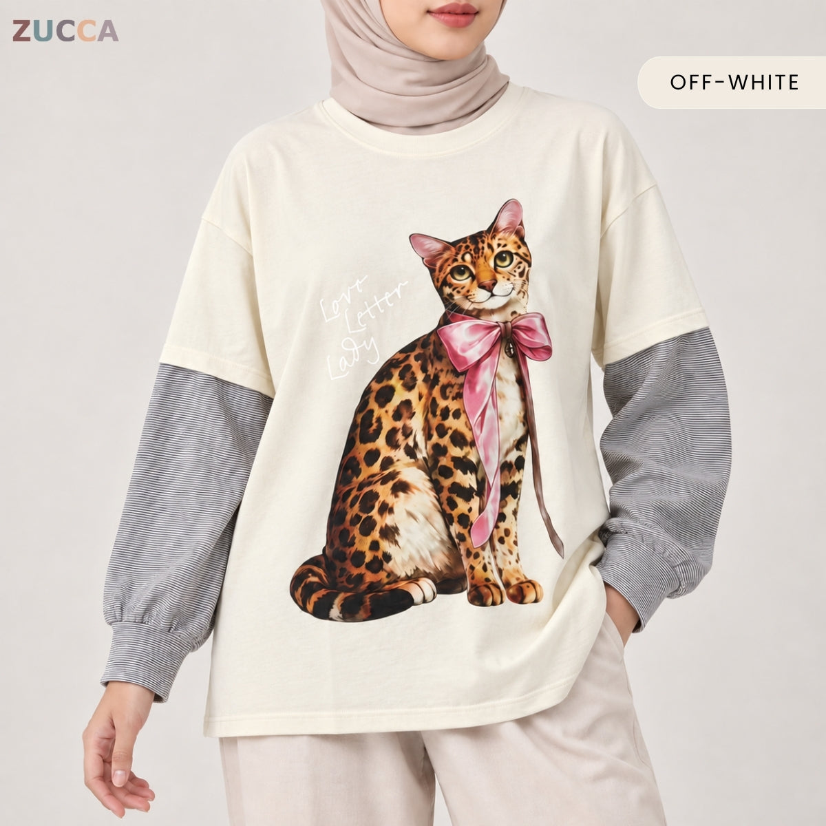 ZUCCA AULIA OVERSIZED LAYERED CAT GRAPHIC LONG SLEEVE TEE - MA255