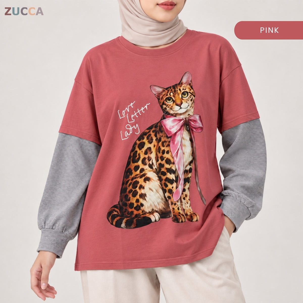 ZUCCA AULIA OVERSIZED LAYERED CAT GRAPHIC LONG SLEEVE TEE - MA255