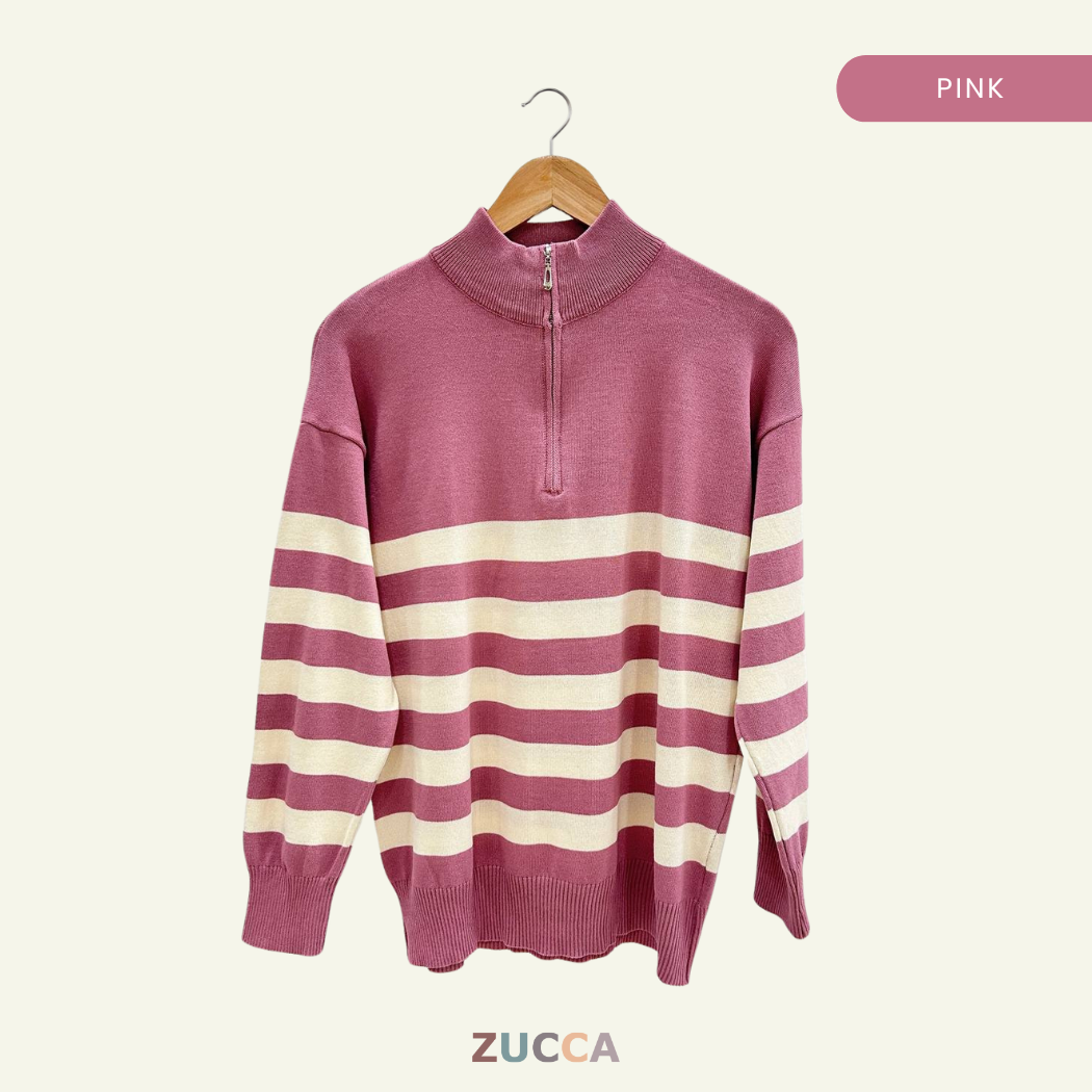 Ivana Striped High Neck Sweatshirt Half-Zipper - DM115