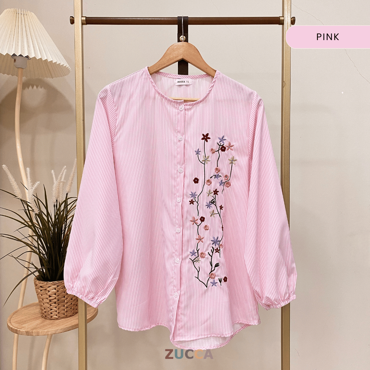 ZUCCA AUFA FLORAL EMBROIDERED STRIPE COTTON BLOUSE - DM239