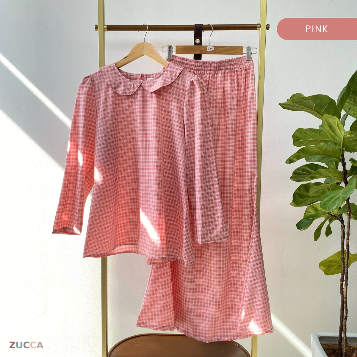 ZUCCA MARGARITA MODEST PLAID TWO-PIECE SET BLOUSE AND SKIRT - DMSET006