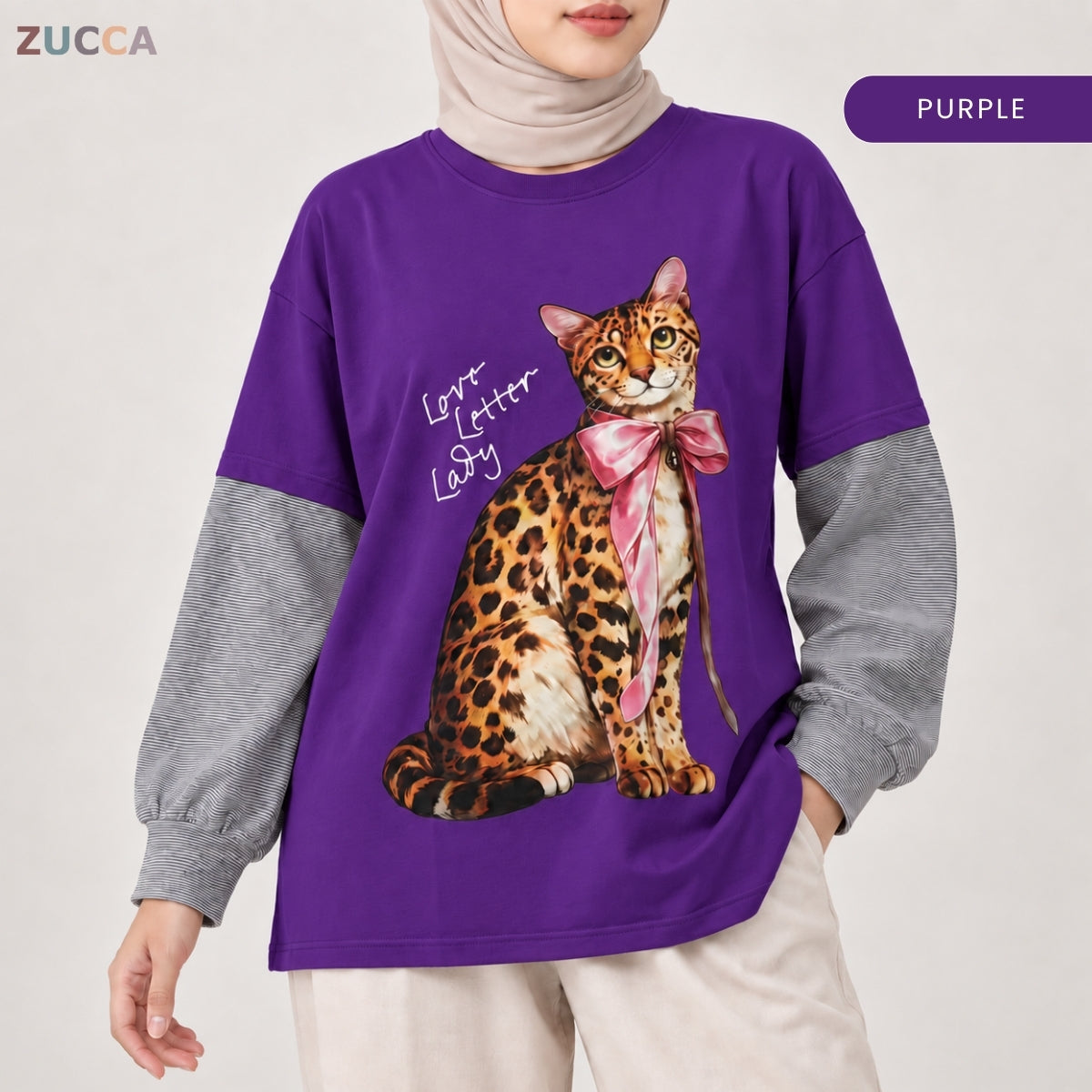 ZUCCA AULIA OVERSIZED LAYERED CAT GRAPHIC LONG SLEEVE TEE - MA255