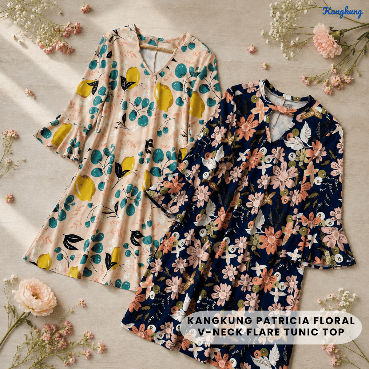 KANGKUNG PATRICIA FLORAL V-NECK FLARE TUNIC TOP - Q004 (#153)