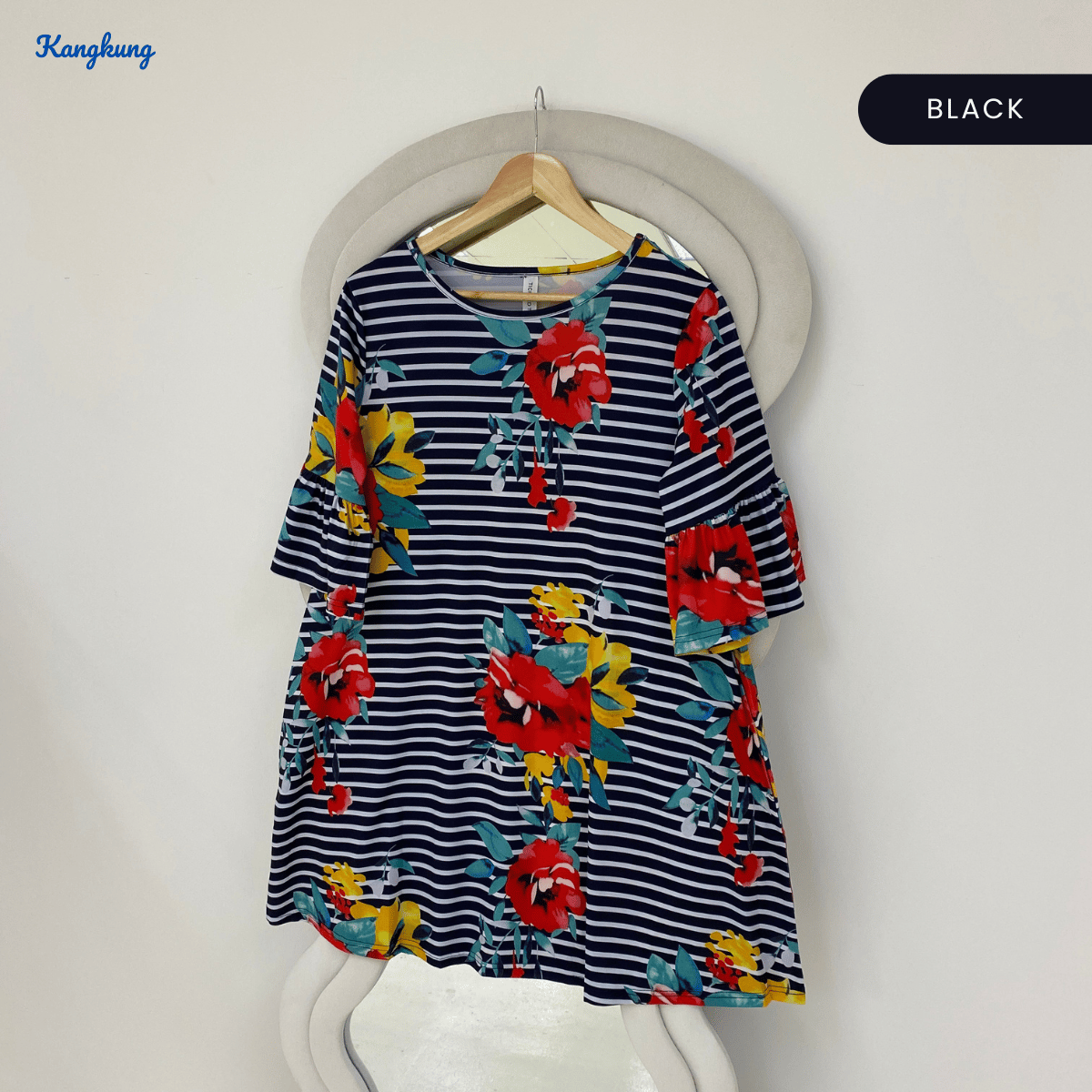 KANGKUNG SYIRA FLORAL STRIPED FLARE SLEEVE LONG TOP - Q010(201959)