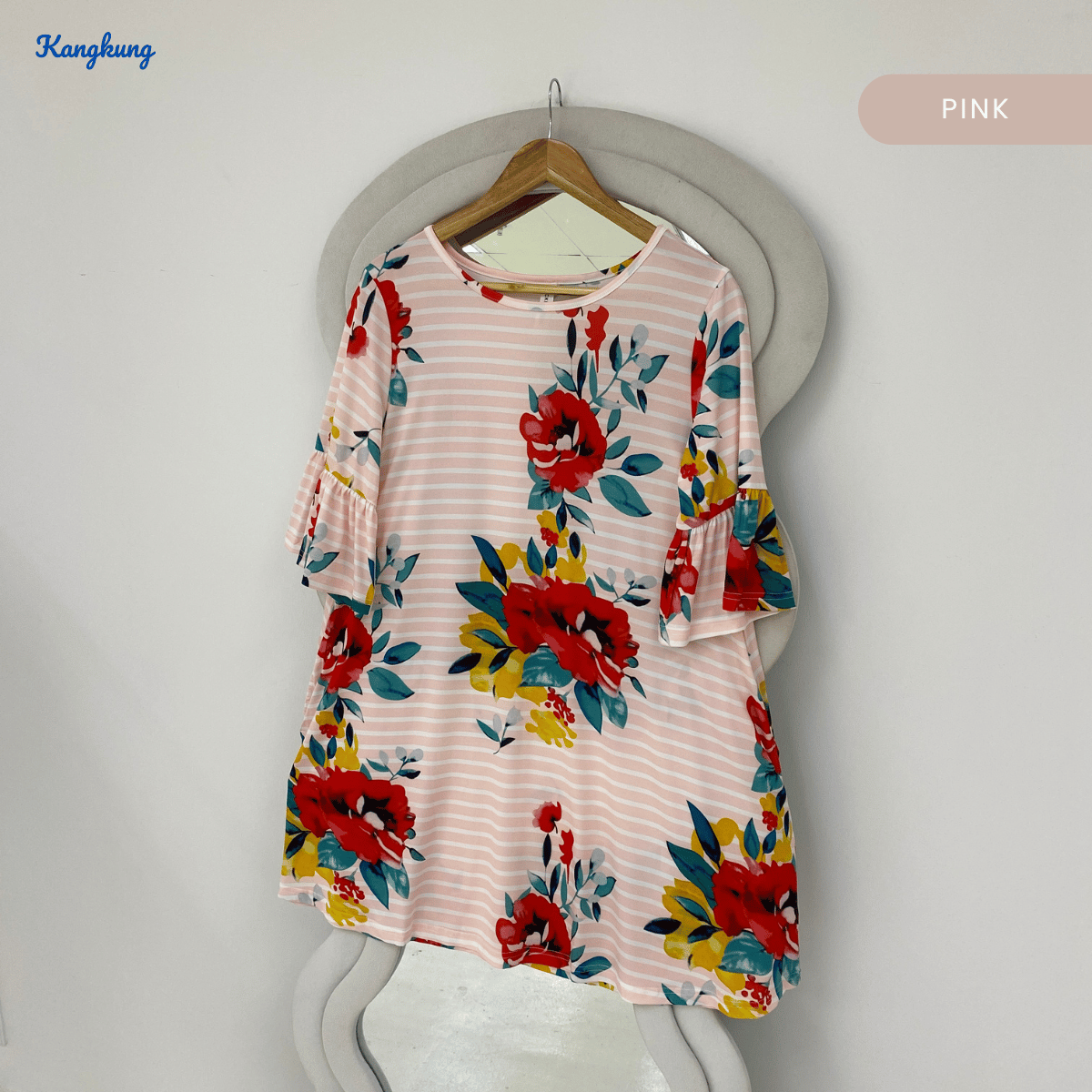 KANGKUNG SYIRA FLORAL STRIPED FLARE SLEEVE LONG TOP - Q010(201959)