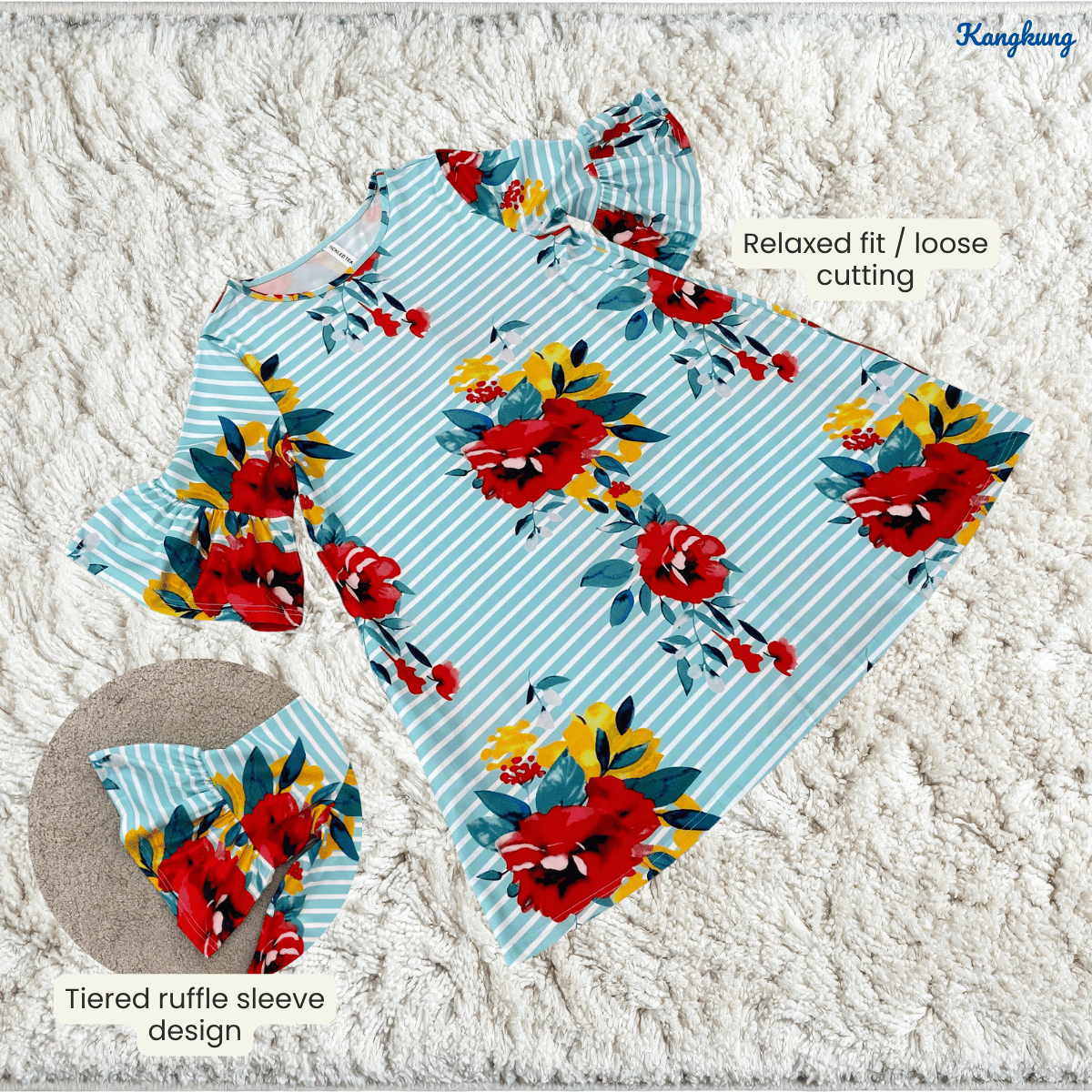 KANGKUNG SYIRA FLORAL STRIPED FLARE SLEEVE LONG TOP - Q010(201959)