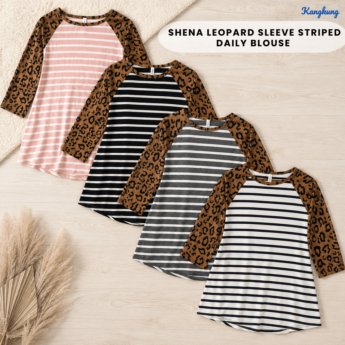 KANGKUNG SHENA LEOPARD SLEEVE STRIPED DAILY BLOUSE-Q011