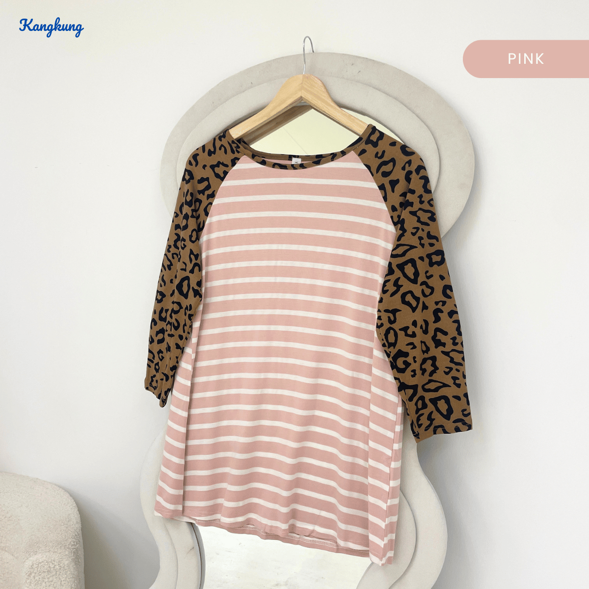 KANGKUNG SHENA LEOPARD SLEEVE STRIPED DAILY BLOUSE-Q011