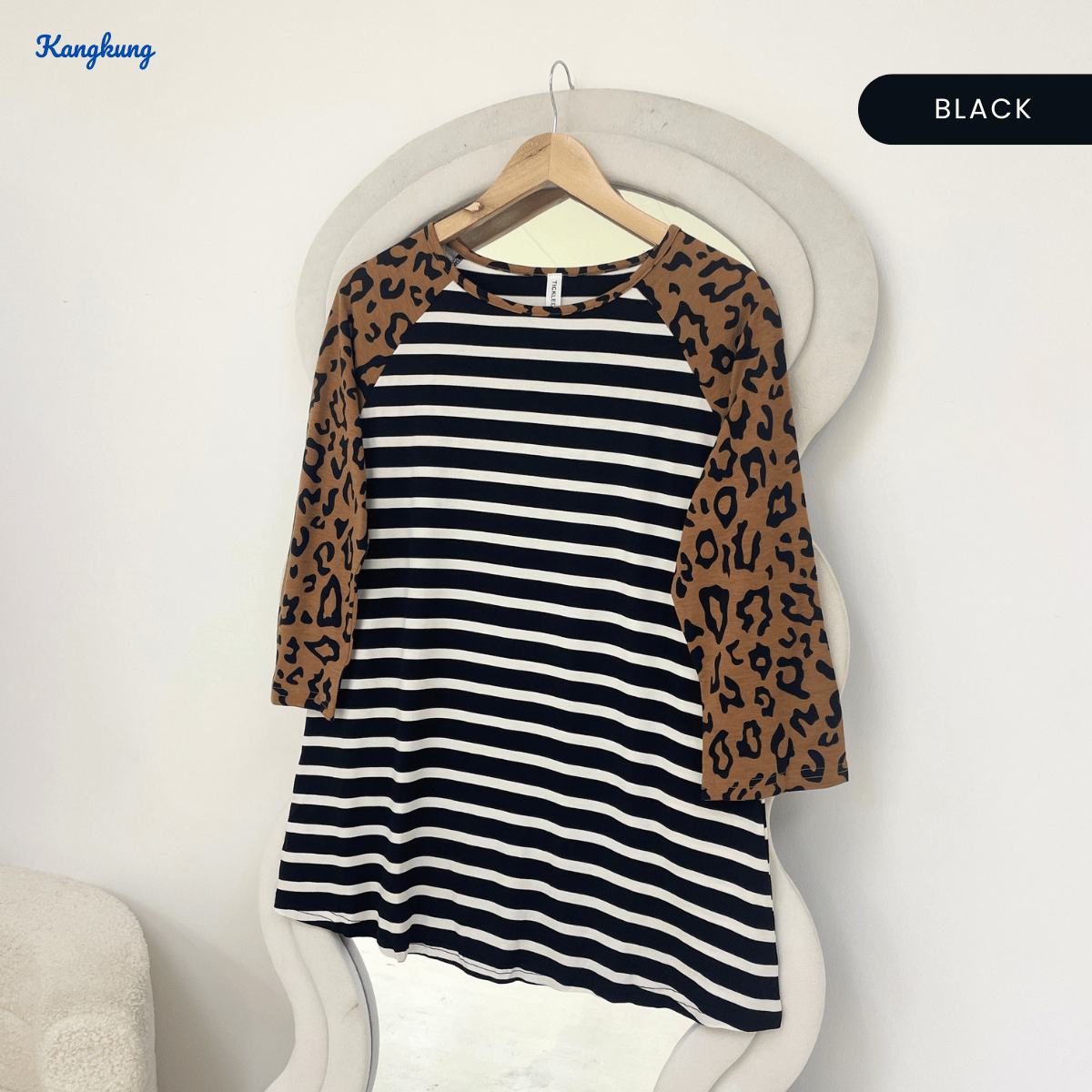 KANGKUNG SHENA LEOPARD SLEEVE STRIPED DAILY BLOUSE-Q011