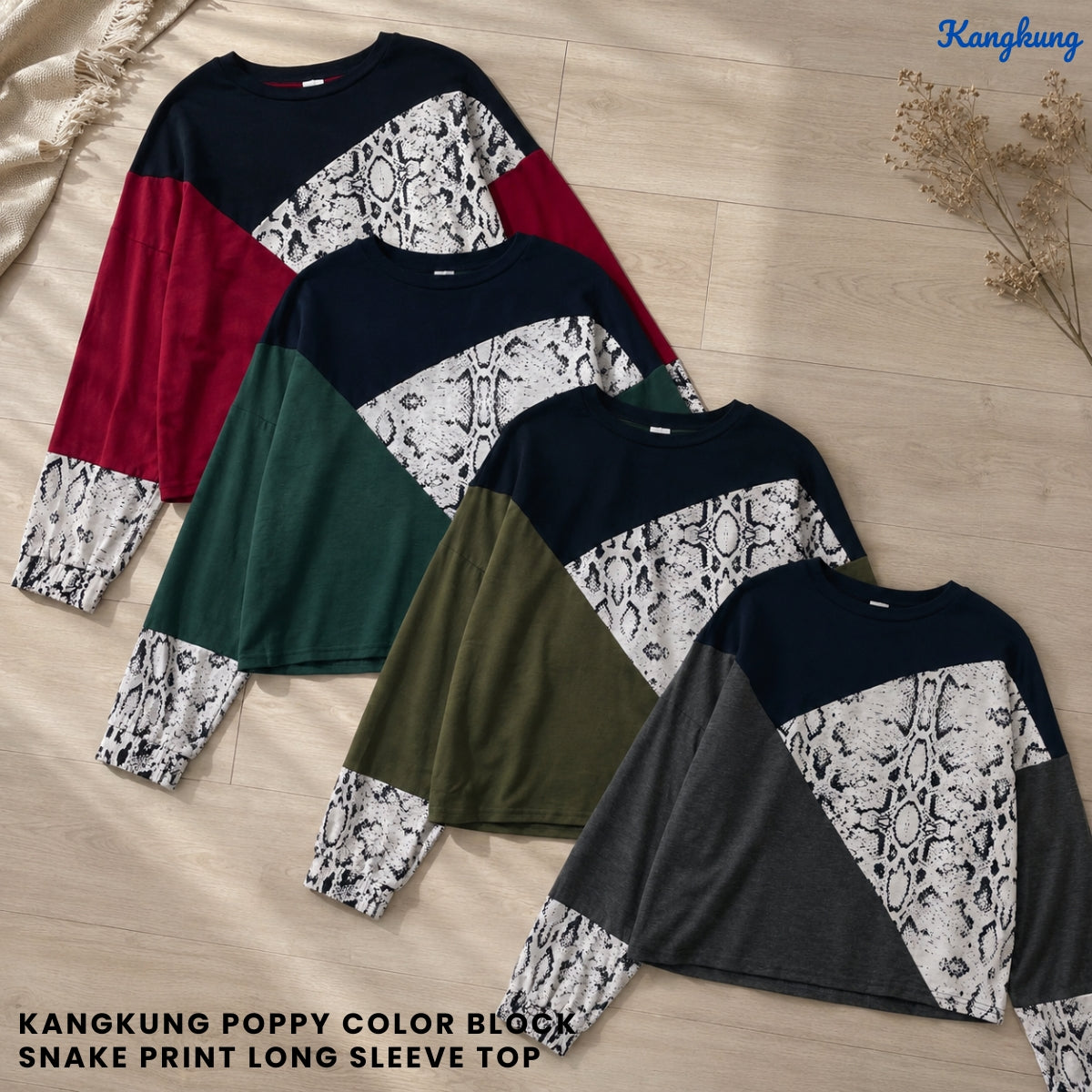 KANGKUNG POPPY COLOR BLOCK SNAKE PRINT LONG SLEEVE TOP - Q013