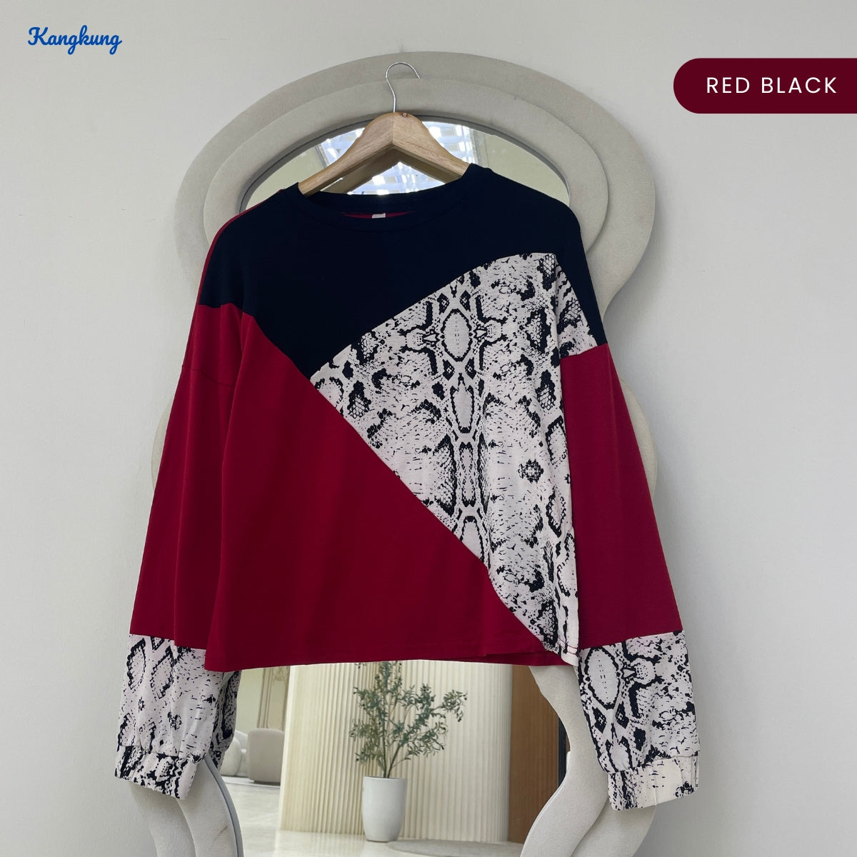 KANGKUNG POPPY COLOR BLOCK SNAKE PRINT LONG SLEEVE TOP - Q013