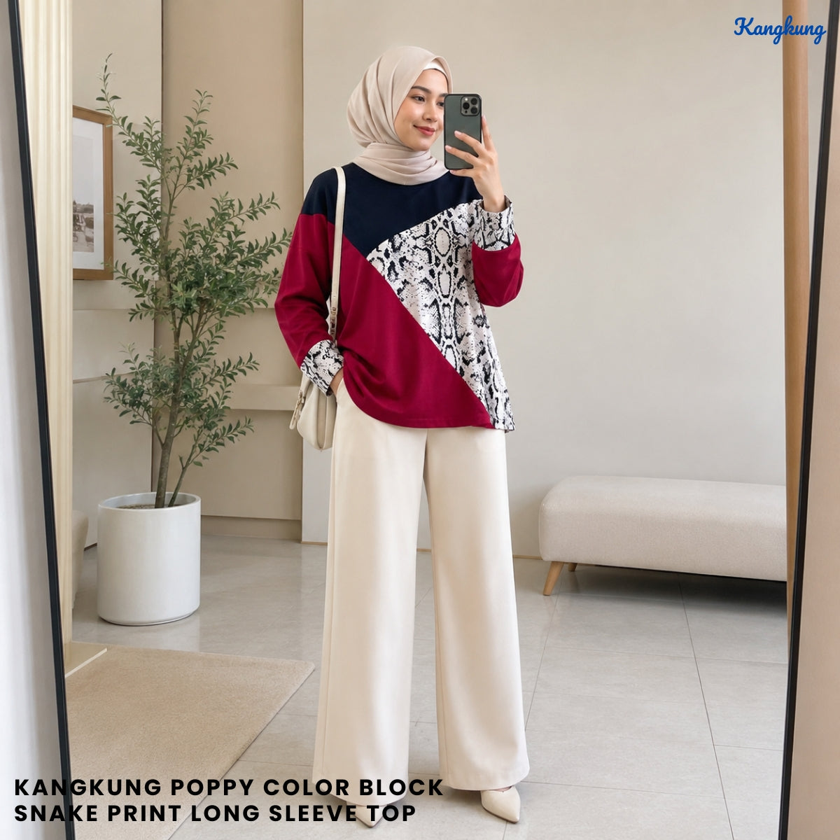 KANGKUNG POPPY COLOR BLOCK SNAKE PRINT LONG SLEEVE TOP - Q013