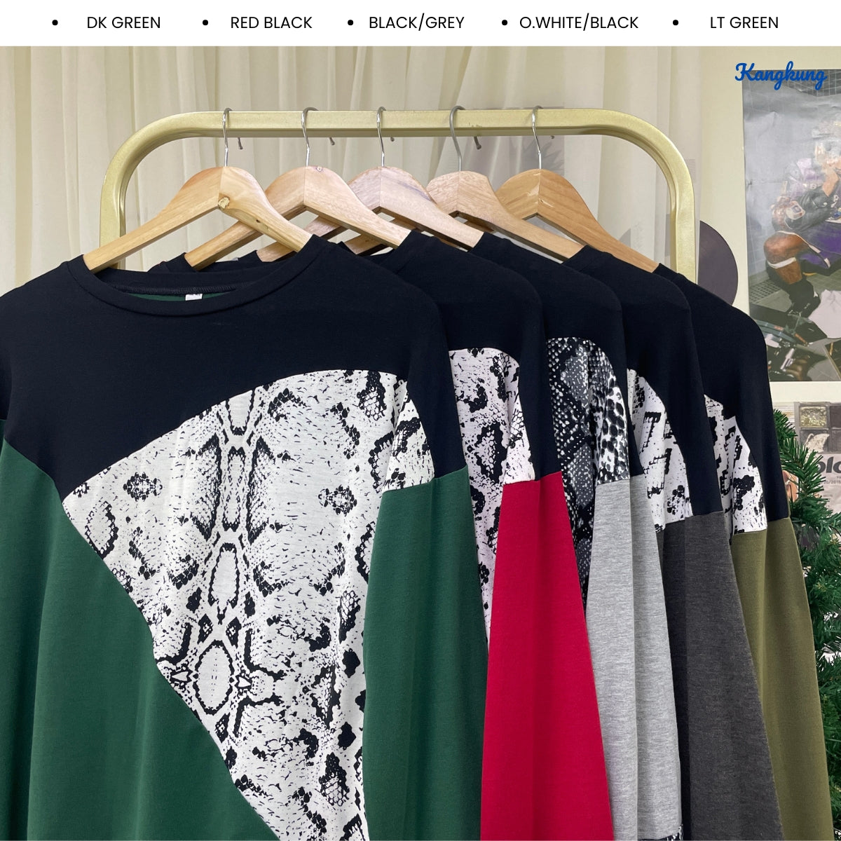 KANGKUNG POPPY COLOR BLOCK SNAKE PRINT LONG SLEEVE TOP - Q013
