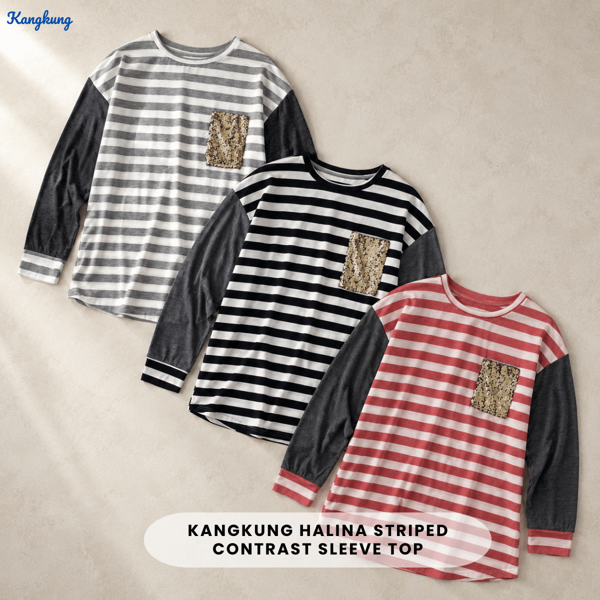KANGKUNG HALINA STRIPED CONTRAST SLEEVE TOP - Q015 (#177)