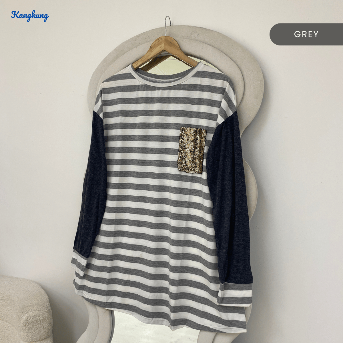 KANGKUNG HALINA STRIPED CONTRAST SLEEVE TOP - Q015 (#177)
