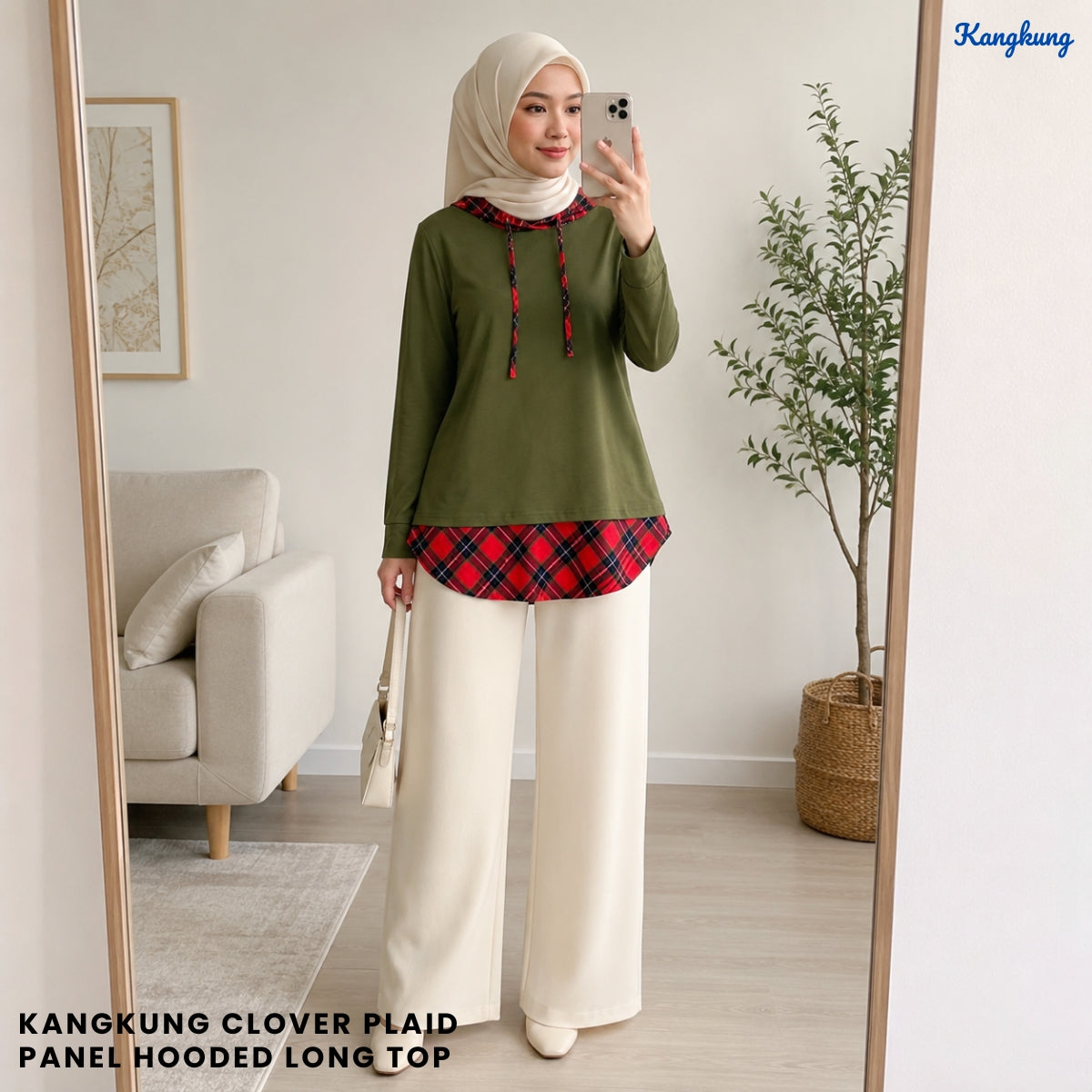 KANGKUNG CLOVER PLAID PANEL HOODED LONG TOP - Q016